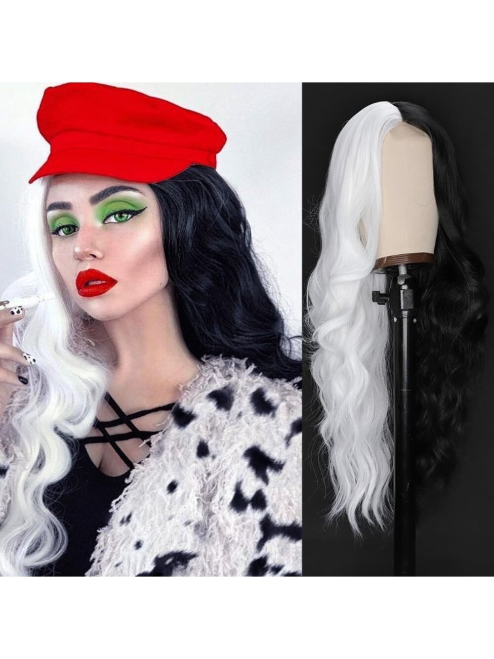 26 Inch Women's Black and White Long Wavy Curly Hair Wig Halloween Cosplay